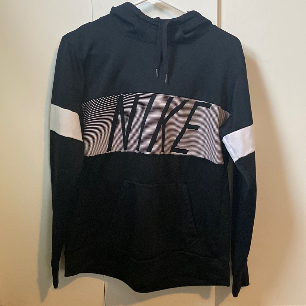 Black and White Nike hoodie, women’s sweatshirt, size medium, dry-fit material.